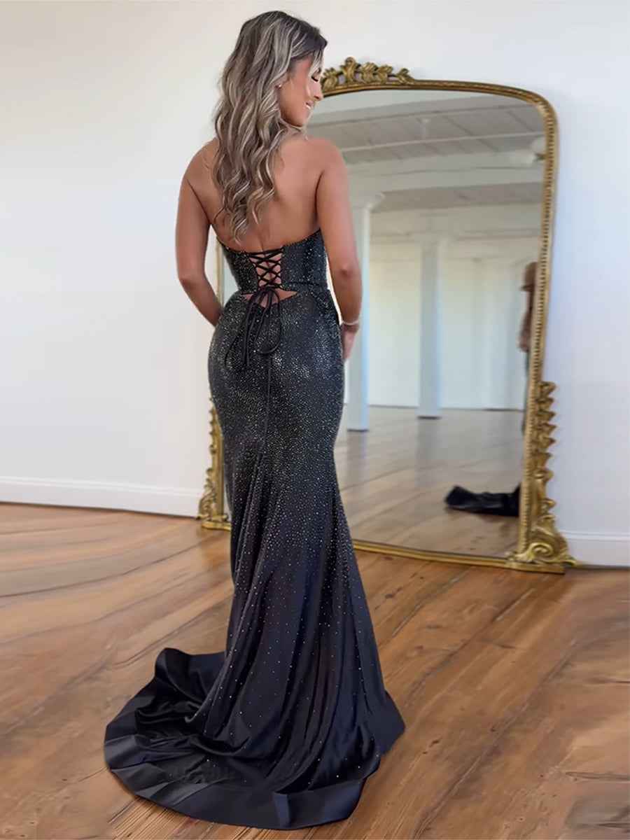 Hot Pink Mermaid Strapless Prom Dress Beaded With Lace Up Back