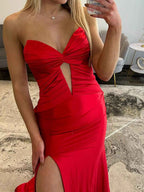 Hot Pink Satin Strapless Prom Dress With Twisted Neck