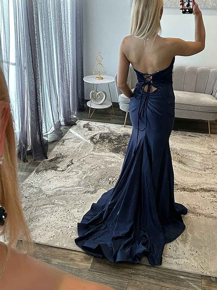 Hot Pink Satin Strapless Prom Dress With Twisted Neck