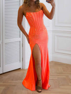 Hot Pink Strapless Beaded Corset Prom Gown With Slit