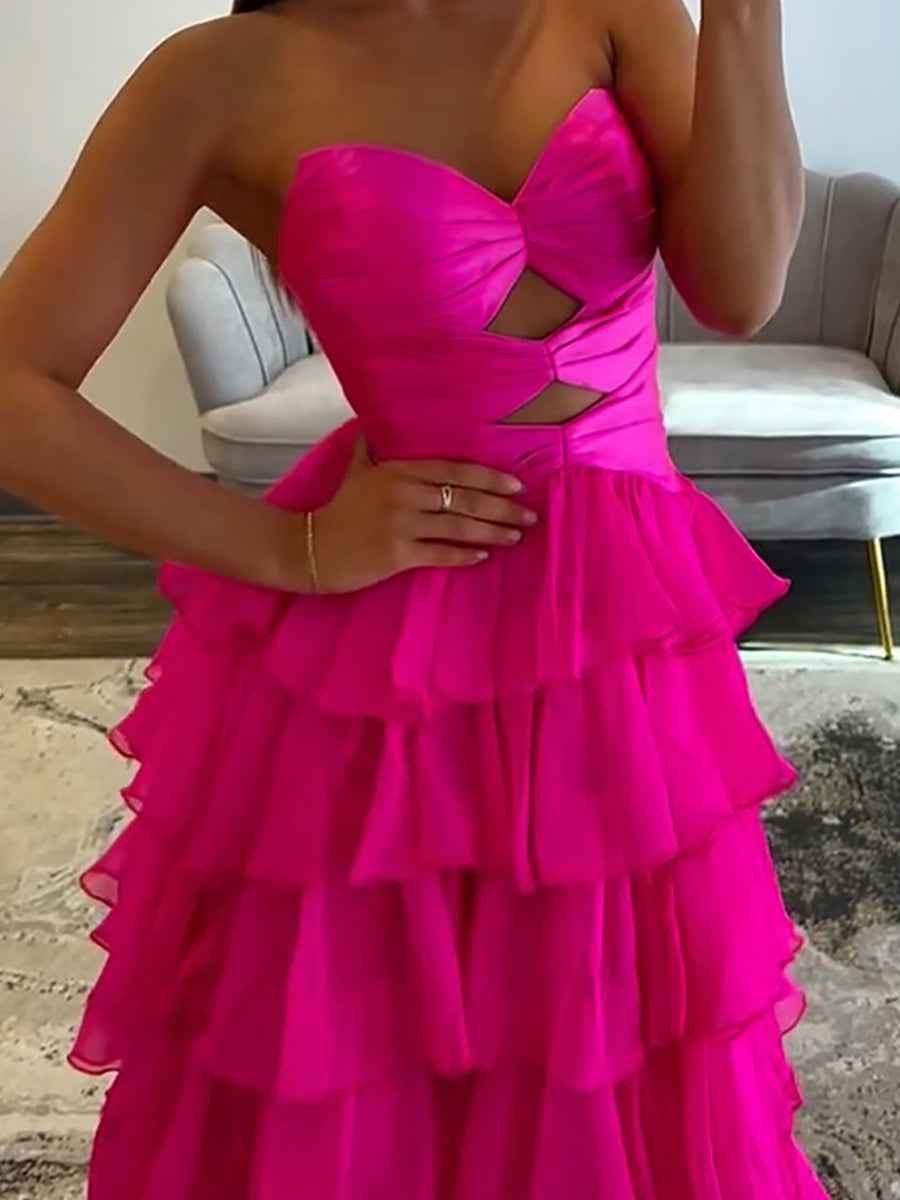 Hot Pink Strapless Cutout Tiered Ruffle Prom Dress With Slit