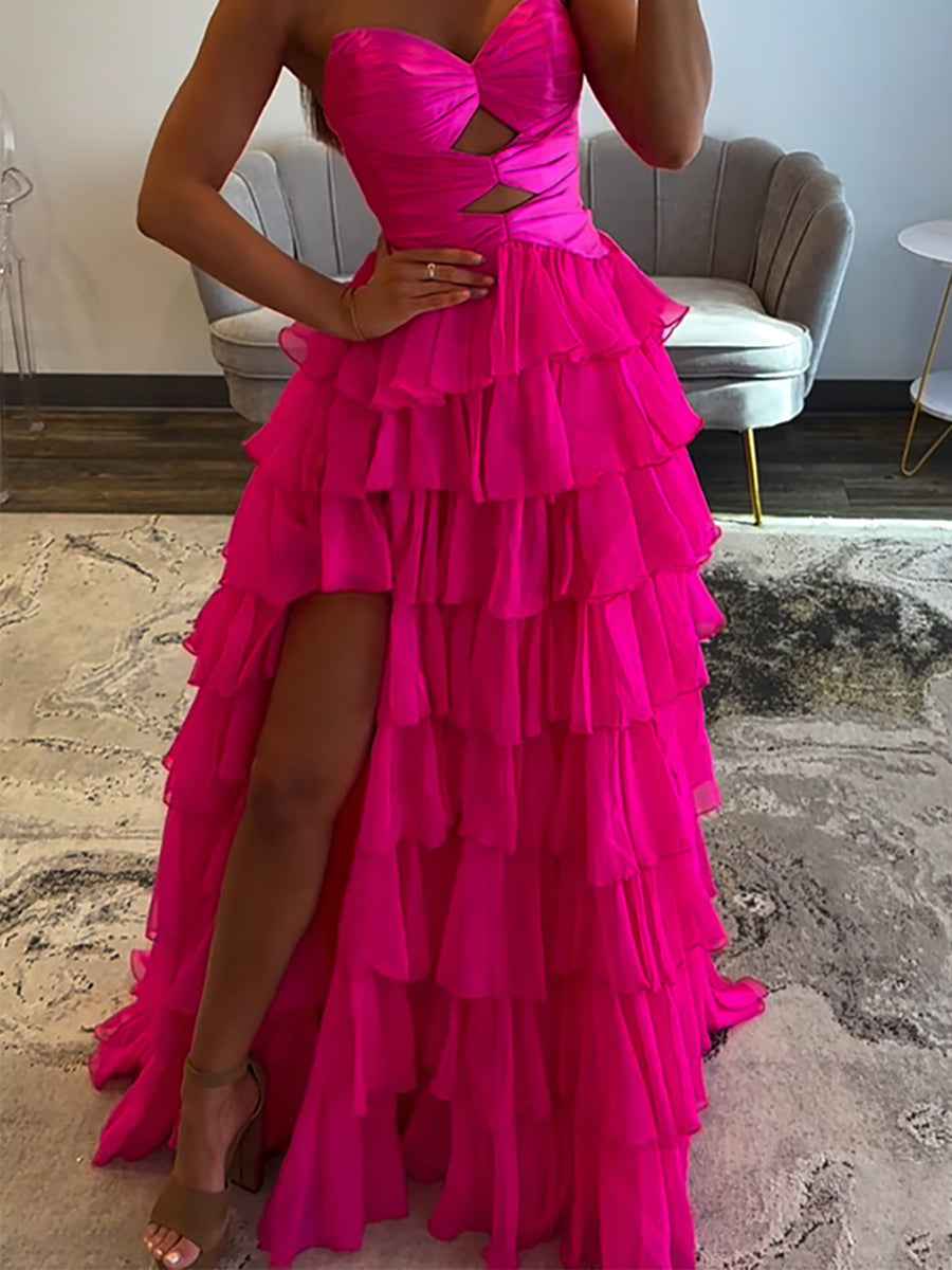Hot Pink Strapless Cutout Tiered Ruffle Prom Dress With Slit