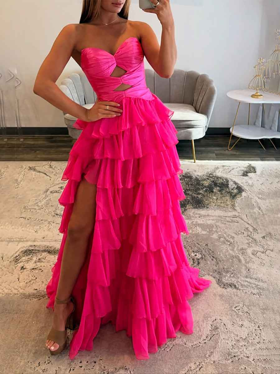 Hot Pink Strapless Cutout Tiered Ruffle Prom Dress With Slit