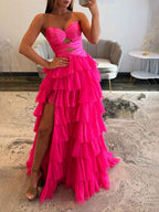 Hot Pink Strapless Cutout Tiered Ruffle Prom Dress With Slit