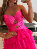 Hot Pink Strapless Cutout Tiered Ruffle Prom Dress With Slit