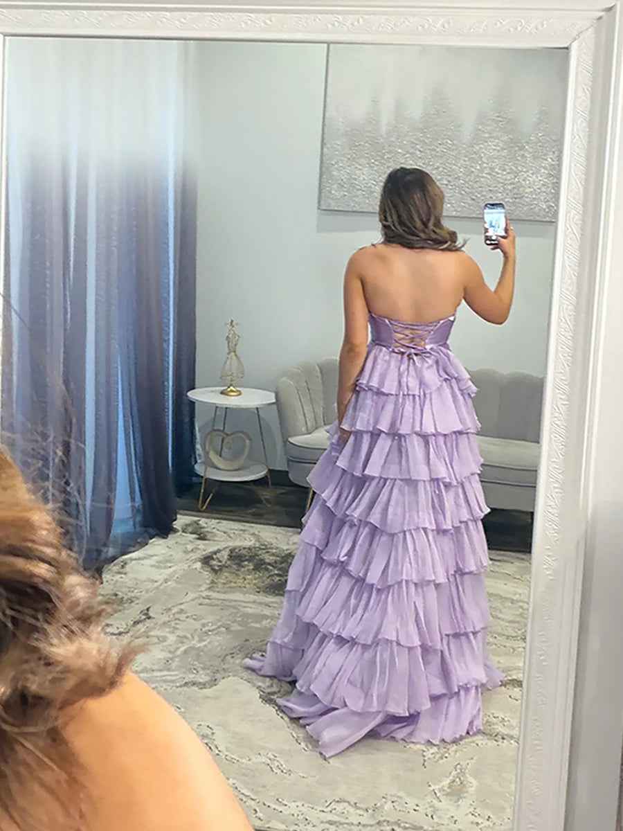 Hot Pink Strapless Cutout Tiered Ruffle Prom Dress With Slit