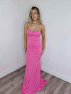 Hot Pink Strapless Sweetheart Prom Dress With Sweep Train