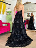 Hot Pink Tiered Sequin Ruffle Prom Dress With Oversized Satin Bow And Slit