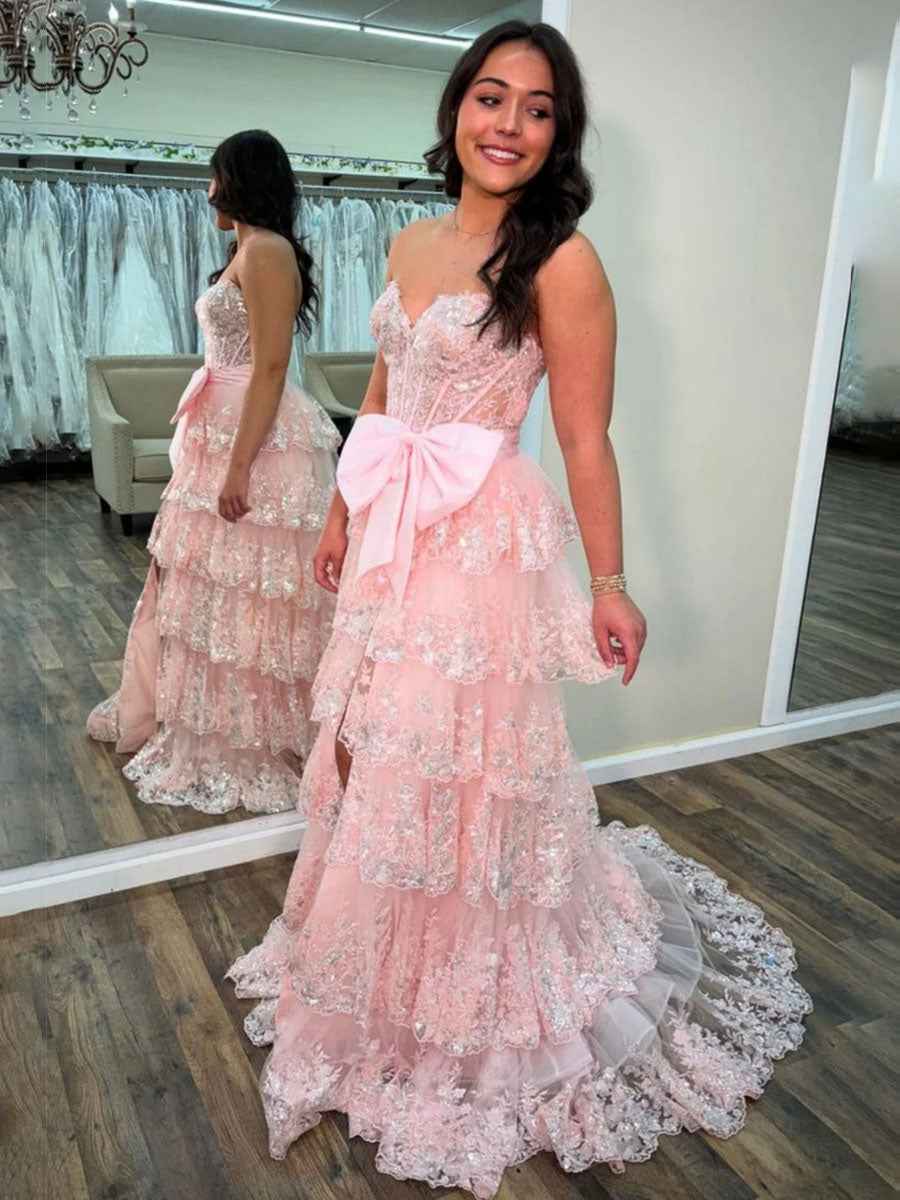 Hot Pink Tiered Sequin Ruffle Prom Dress With Oversized Satin Bow And Slit