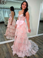 Hot Pink Tiered Sequin Ruffle Prom Dress With Oversized Satin Bow And Slit