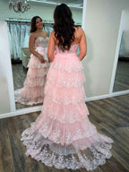 Hot Pink Tiered Sequin Ruffle Prom Dress With Oversized Satin Bow And Slit