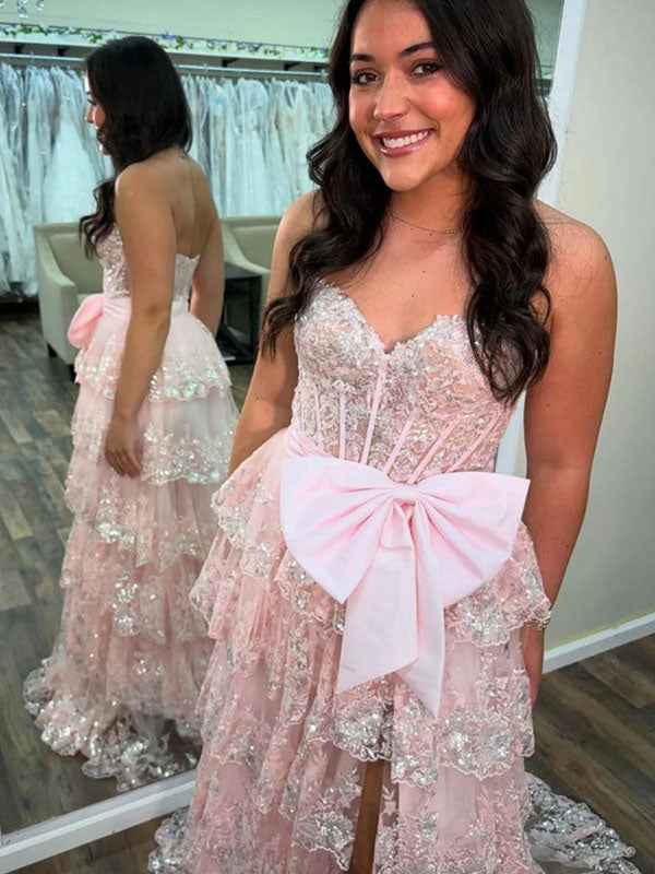 Hot Pink Tiered Sequin Ruffle Prom Dress With Oversized Satin Bow And Slit