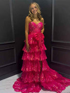 Hot Pink Tiered Sequin Ruffle Prom Dress With Oversized Satin Bow And Slit
