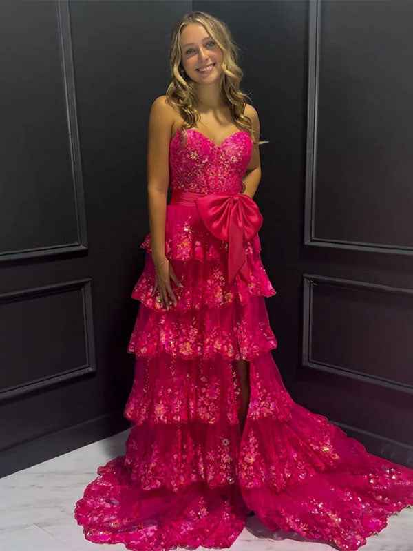 Hot Pink Tiered Sequin Ruffle Prom Dress With Oversized Satin Bow And Slit
