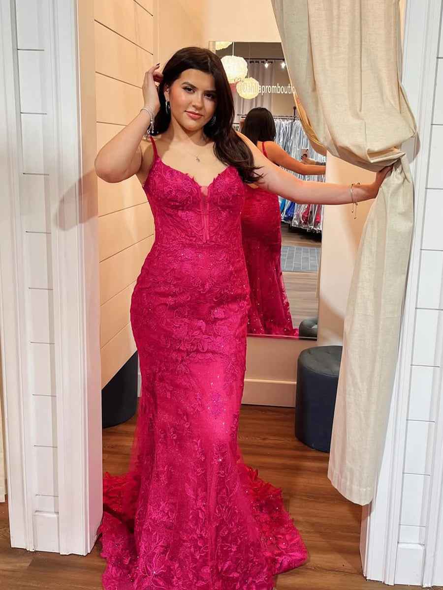 Hot Pink Mermaid Long Prom Dress With Floral Lace Appliques