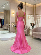 Hot Pink Floral Lace Applique Satin Sheer Corset Mermaid Prom Dress