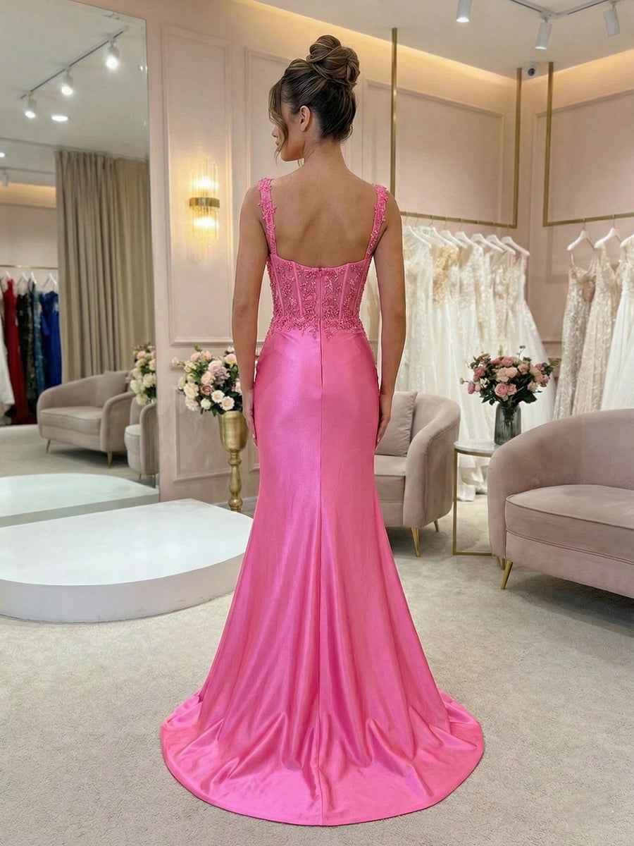 Hot Pink Floral Lace Applique Satin Sheer Corset Mermaid Prom Dress
