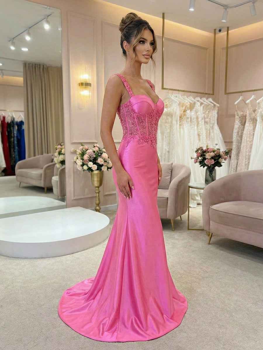 Hot Pink Floral Lace Applique Satin Sheer Corset Mermaid Prom Dress