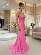 Hot Pink Floral Lace Applique Satin Sheer Corset Mermaid Prom Dress