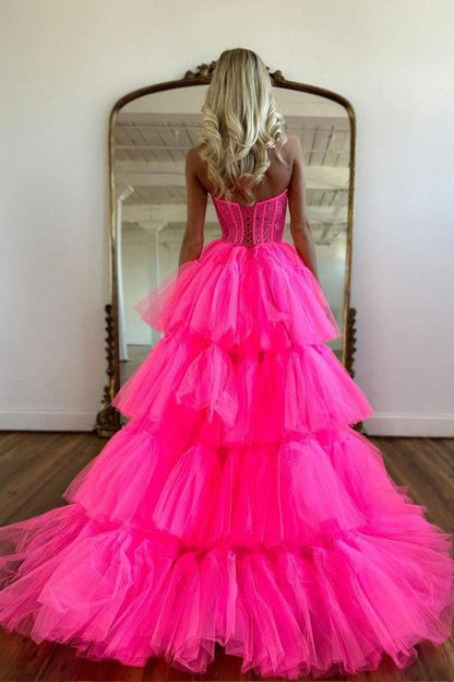 Hot Pink High Low Sweetheart Stufen-Ballkleid Abendkleid