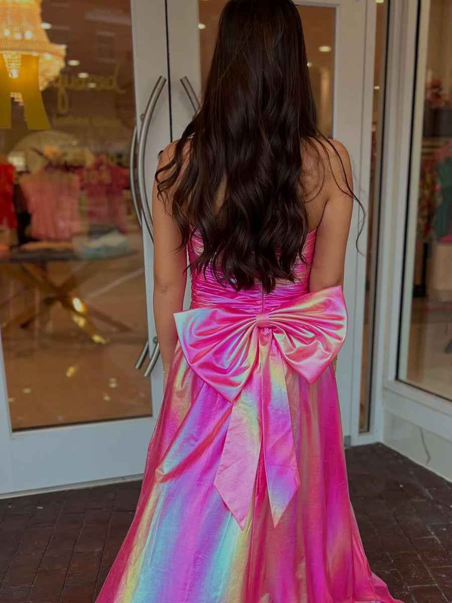 Hot Pink Metallic Strapless A Line Prom Dress With Slit