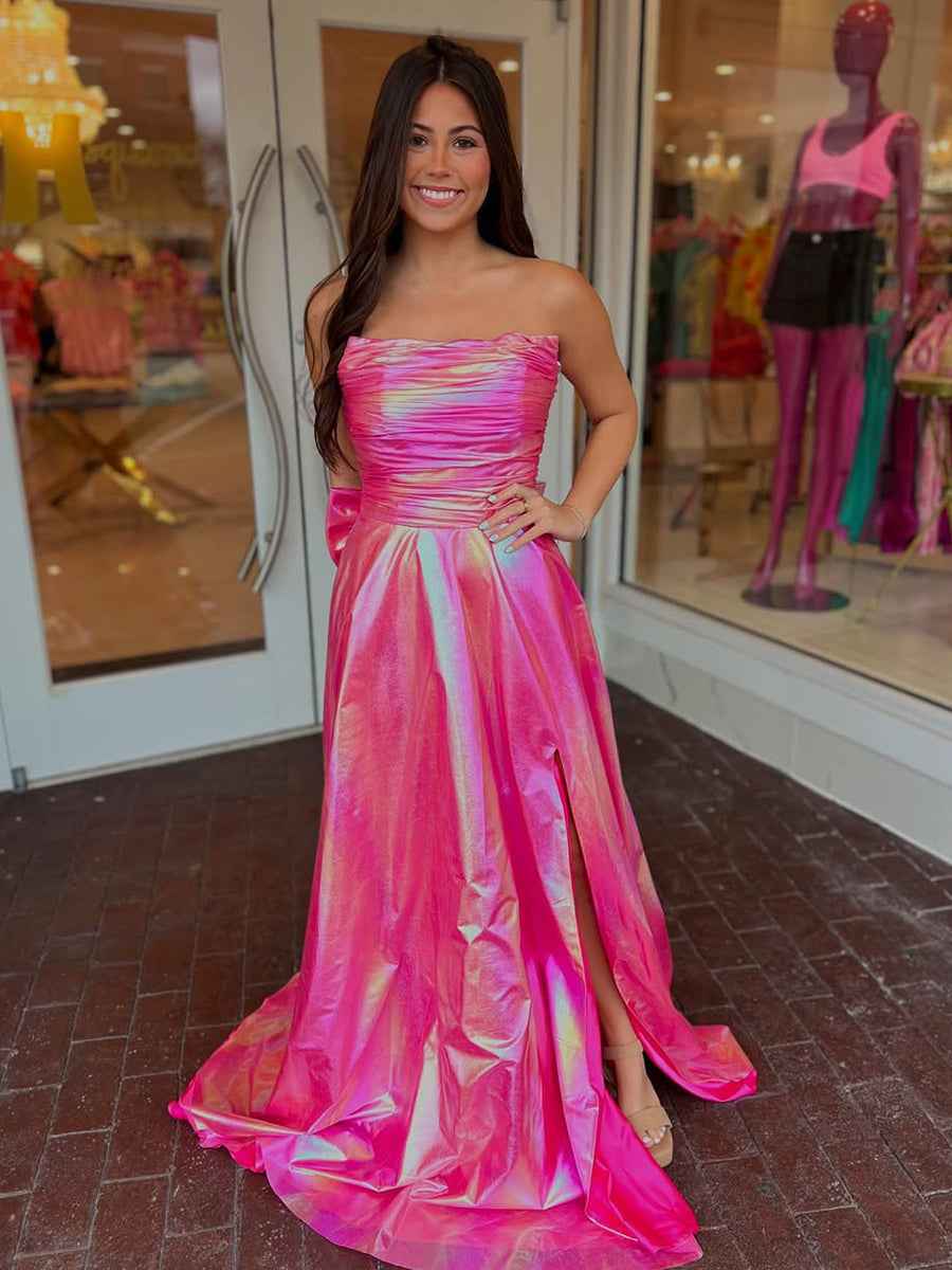 Hot Pink Metallic Strapless A Line Prom Dress With Slit