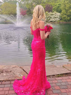 Hot Pink Off The Shoulder Sequin Embroidered Mermaid Prom Dress Gown
