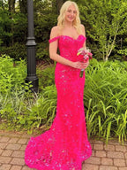 Hot Pink Off The Shoulder Sequin Embroidered Mermaid Prom Dress Gown