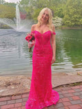 Hot Pink Off The Shoulder Sequin Embroidered Mermaid Prom Dress Gown