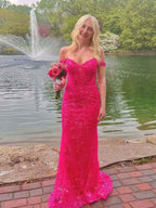 Hot Pink Off The Shoulder Sequin Embroidered Mermaid Prom Dress Gown