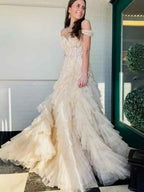 Hot Pink Off Shoulder Tulle Long Prom Dress With Appliques