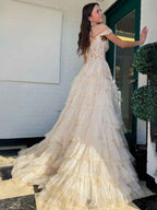 Hot Pink Off Shoulder Tulle Long Prom Dress With Appliques