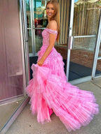 Hot Pink Off Shoulder Tulle Long Prom Dress With Appliques
