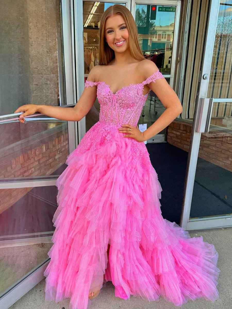 Hot Pink Off Shoulder Tulle Long Prom Dress With Appliques