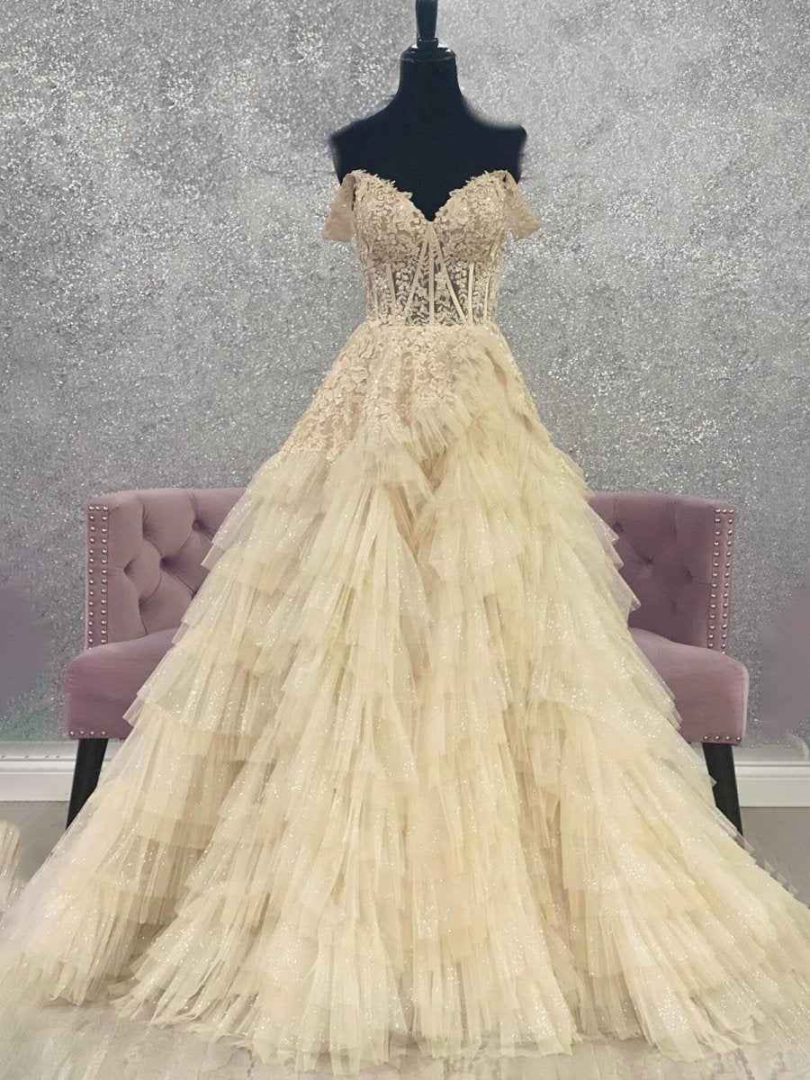 Hot Pink Off Shoulder Tulle Long Prom Dress With Appliques
