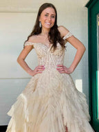 Hot Pink Off Shoulder Tulle Long Prom Dress With Appliques