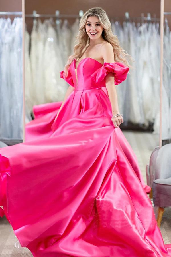 Hot Pink Puffärmel Off The Shoulder Einfache Ball- und Abendkleider
