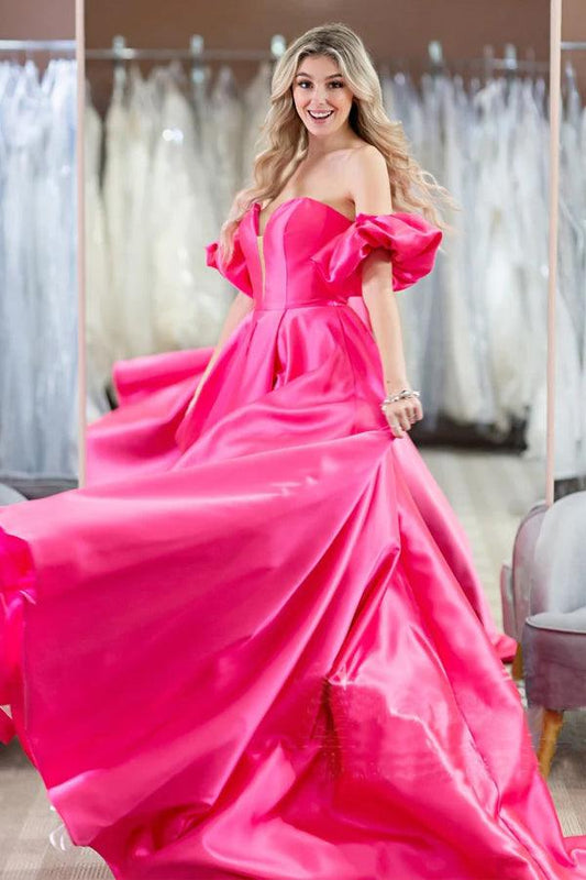 Hot Pink Puffärmel Off The Shoulder Einfache Ball- und Abendkleider