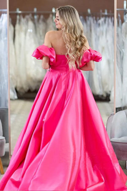 Hot Pink Puffärmel Off The Shoulder Einfache Ball- und Abendkleider