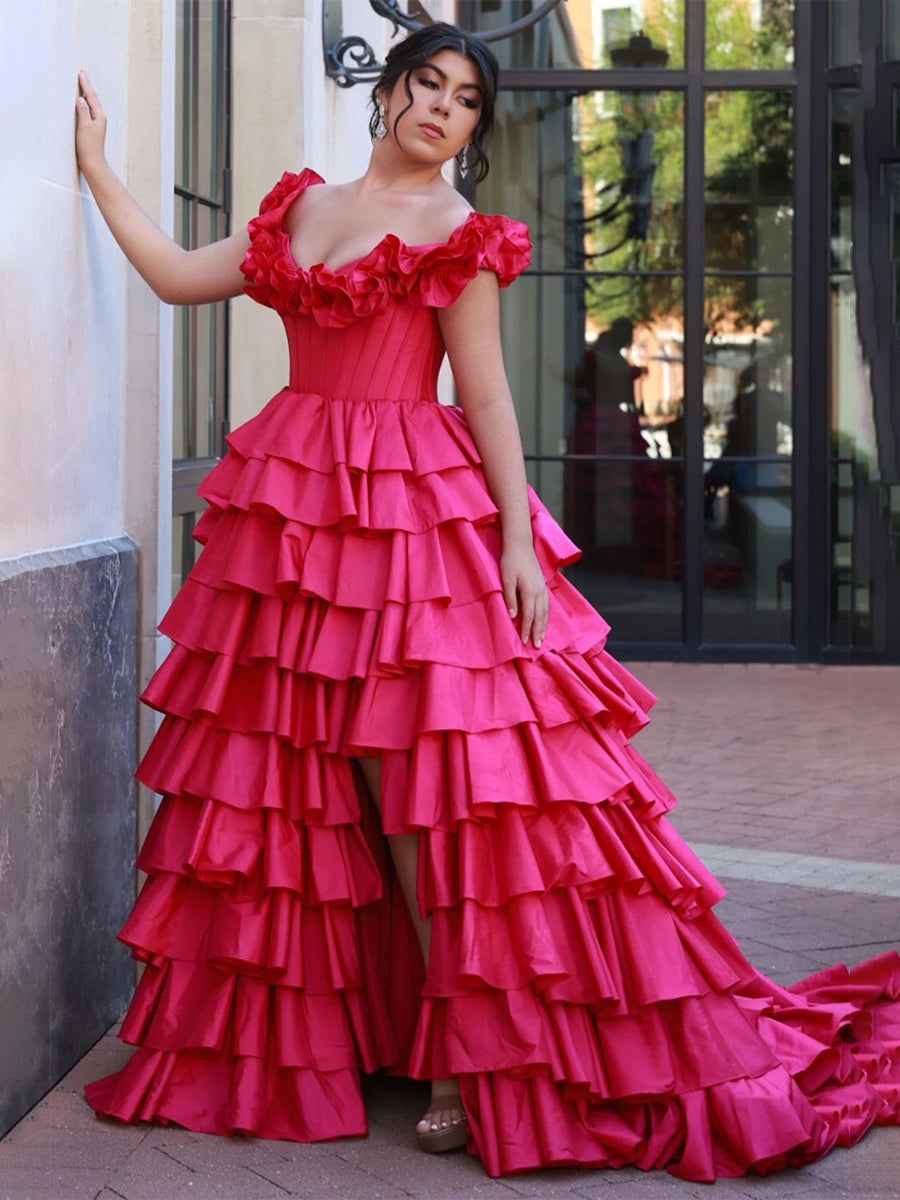 Hot Pink Ruffled Tiered Corset Long Prom Dress With Slit