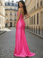 Hot Pink Satin Strapless Prom Dress With Cutout Bodice And Slit
