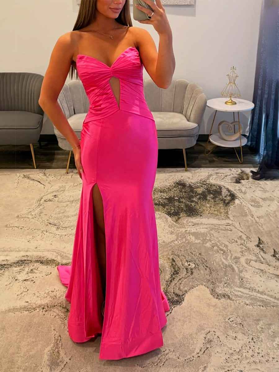 Hot Pink Satin Strapless Prom Dress With Twisted Neck