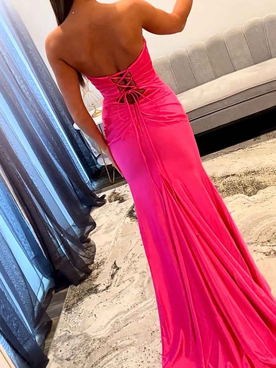 Hot Pink Satin Strapless Prom Dress With Twisted Neck