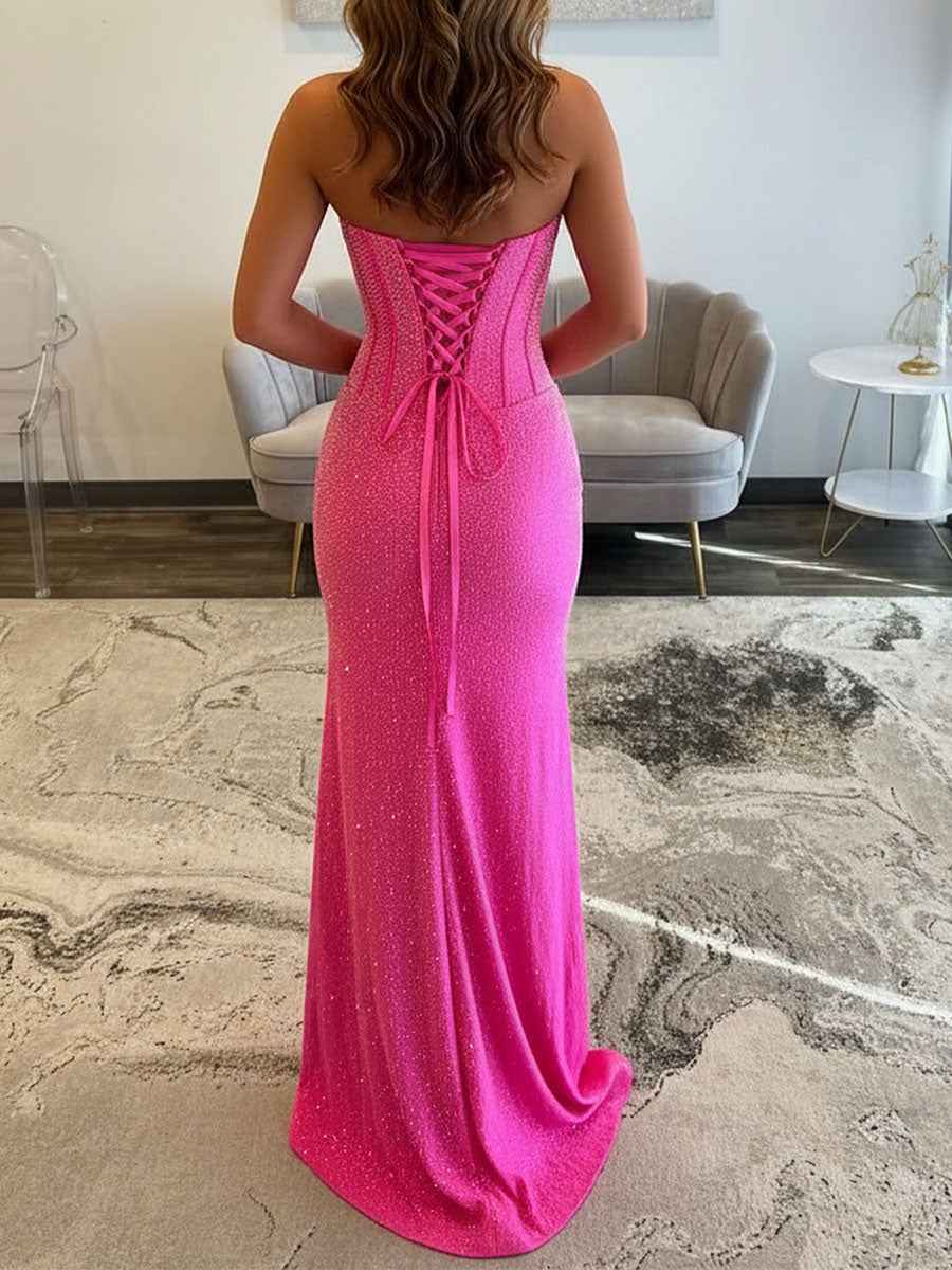 Hot Pink Strapless Beaded Corset Prom Gown With Slit