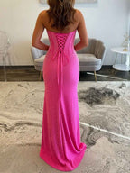 Hot Pink Strapless Beaded Corset Prom Gown With Slit
