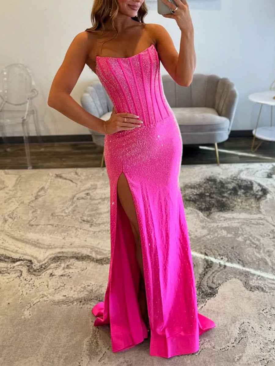 Hot Pink Strapless Beaded Corset Prom Gown With Slit