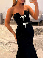 Hot Pink Satin Strapless Bow Embellished Mermaid Prom Dress With Crystal Details