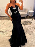Hot Pink Satin Strapless Bow Embellished Mermaid Prom Dress With Crystal Details