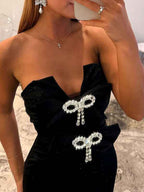 Hot Pink Satin Strapless Bow Embellished Mermaid Prom Dress With Crystal Details