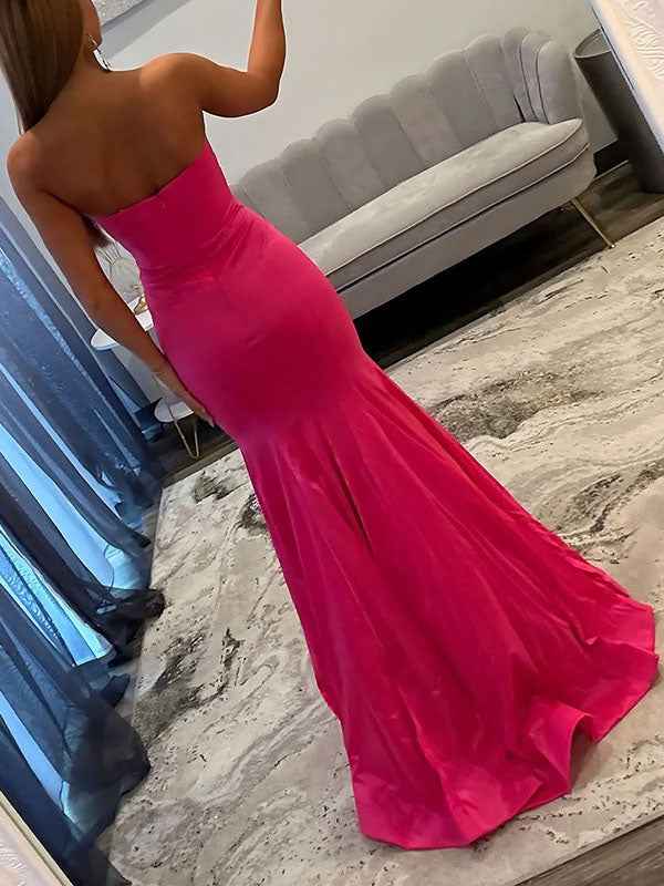 Hot Pink Satin Strapless Bow Embellished Mermaid Prom Dress With Crystal Details